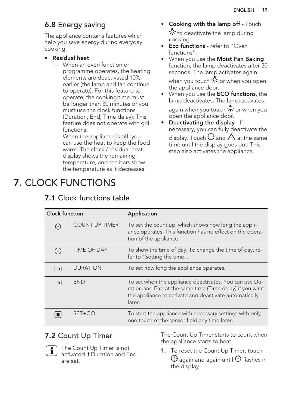 8 energy saving, Clock functions, 1 clock functions table | 2 count up timer | AEG BY9314001M User Manual | Page 13 / 48