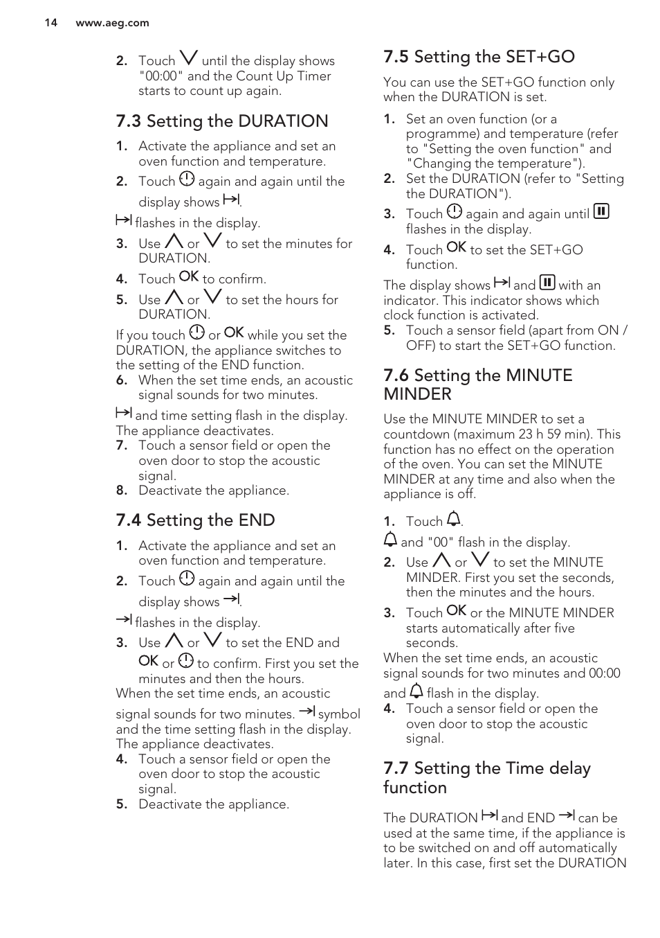 3 setting the duration, 4 setting the end, 5 setting the set+go | 6 setting the minute minder, 7 setting the time delay function | AEG BY9314001M User Manual | Page 14 / 48