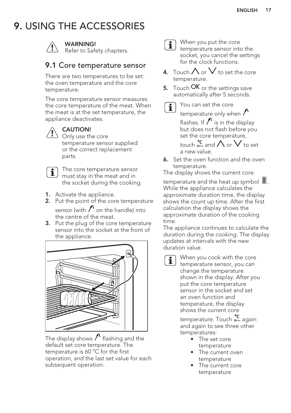 Using the accessories, 1 core temperature sensor | AEG BY9314001M User Manual | Page 17 / 48