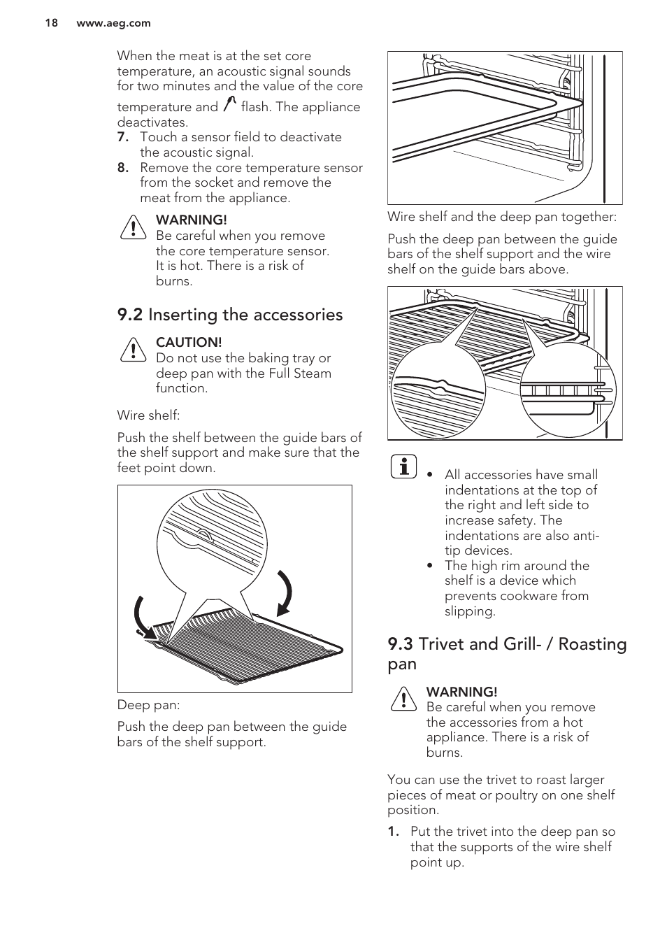 2 inserting the accessories, 3 trivet and grill- / roasting pan | AEG BY9314001M User Manual | Page 18 / 48