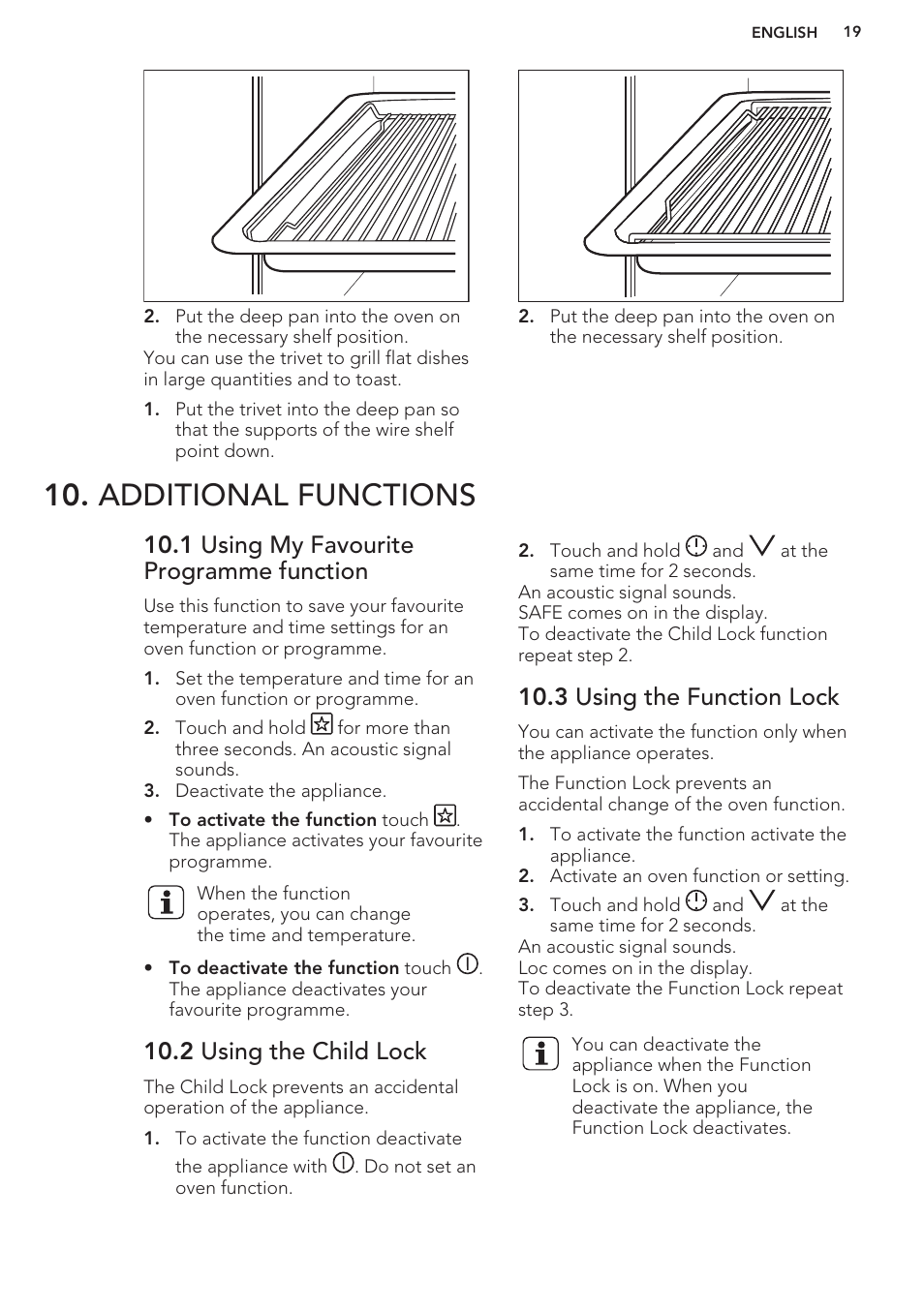 Additional functions, 1 using my favourite programme function, 2 using the child lock | 3 using the function lock | AEG BY9314001M User Manual | Page 19 / 48