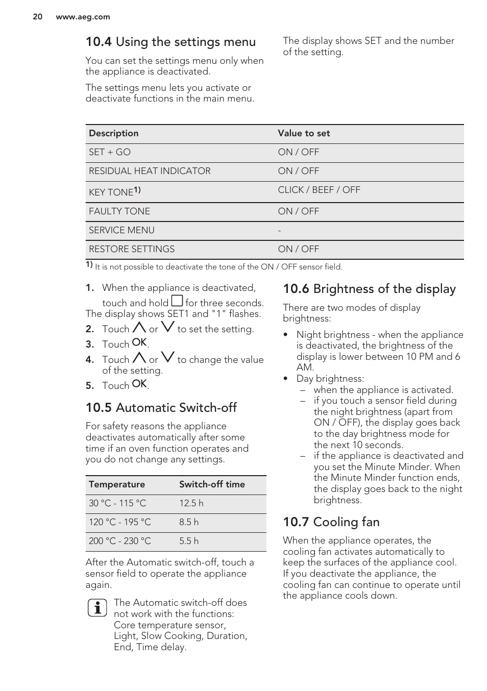 4 using the settings menu, 5 automatic switch-off, 6 brightness of the display | 7 cooling fan | AEG BY9314001M User Manual | Page 20 / 48