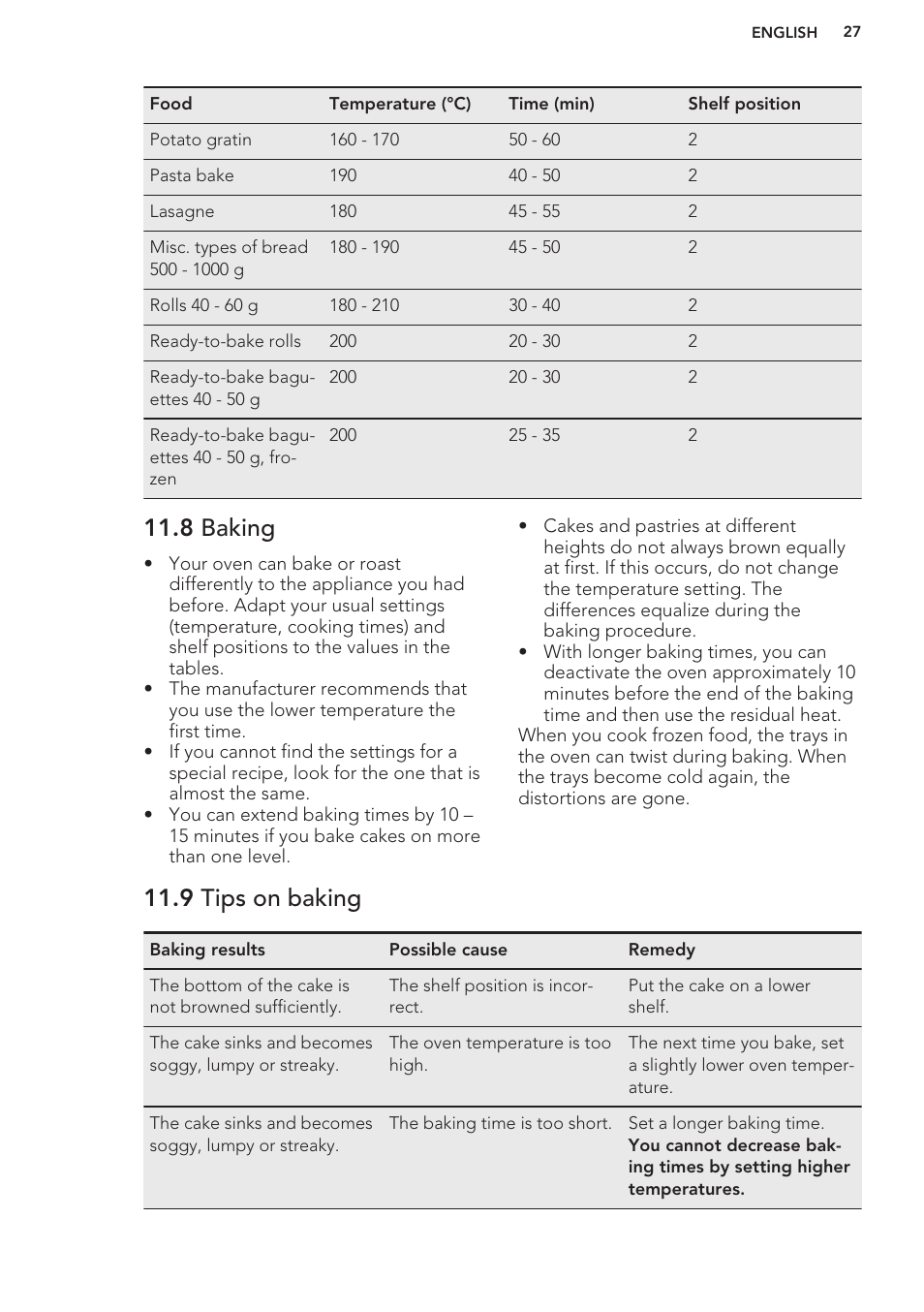 8 baking, 9 tips on baking | AEG BY9314001M User Manual | Page 27 / 48