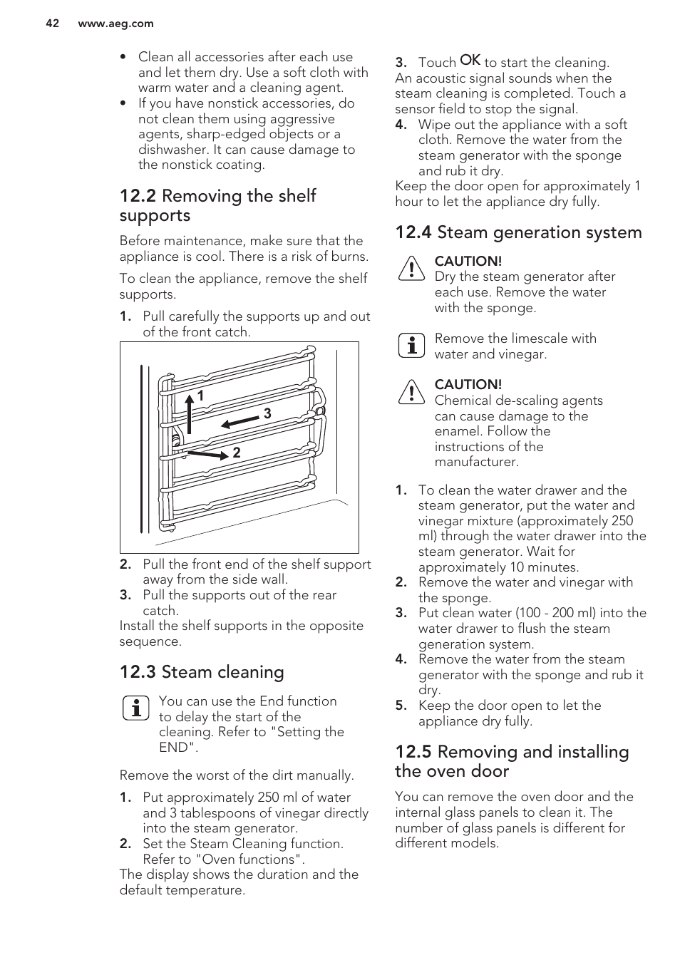 2 removing the shelf supports, 3 steam cleaning, 4 steam generation system | 5 removing and installing the oven door | AEG BY9314001M User Manual | Page 42 / 48