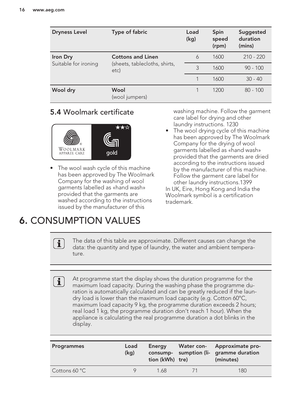 4 woolmark certificate, Consumption values | AEG T65170AV User Manual | Page 16 / 48