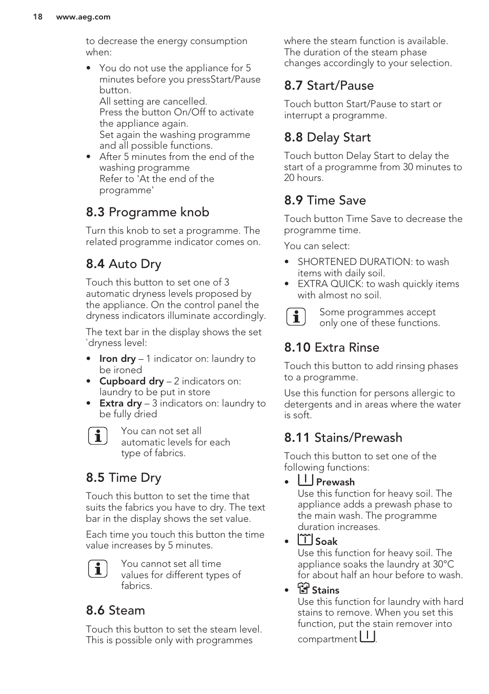 3 programme knob, 4 auto dry, 5 time dry | 6 steam, 7 start/pause, 8 delay start, 9 time save, 10 extra rinse, 11 stains/prewash | AEG T65170AV User Manual | Page 18 / 48