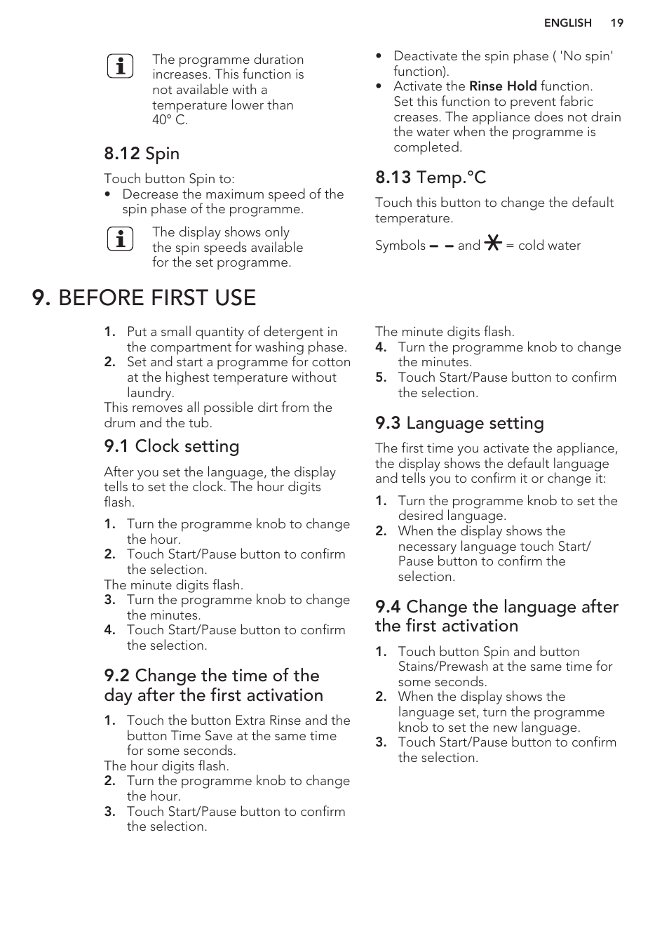 12 spin, 13 temp.°c, Before first use | 1 clock setting, 3 language setting, 4 change the language after the first activation | AEG T65170AV User Manual | Page 19 / 48