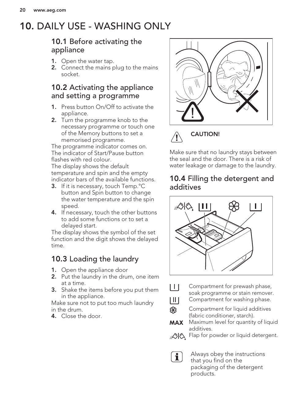 Daily use - washing only, 1 before activating the appliance, 2 activating the appliance and setting a programme | 3 loading the laundry, 4 filling the detergent and additives | AEG T65170AV User Manual | Page 20 / 48