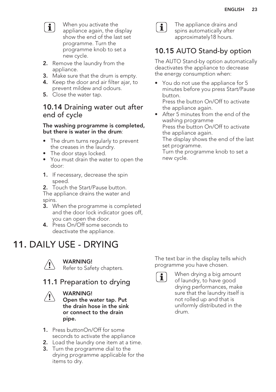 14 draining water out after end of cycle, 15 auto stand-by option, Daily use - drying | 1 preparation to drying | AEG T65170AV User Manual | Page 23 / 48