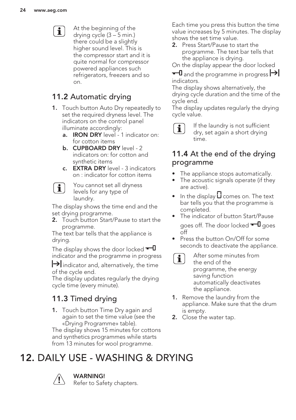 2 automatic drying, 3 timed drying, 4 at the end of the drying programme | Daily use - washing & drying | AEG T65170AV User Manual | Page 24 / 48