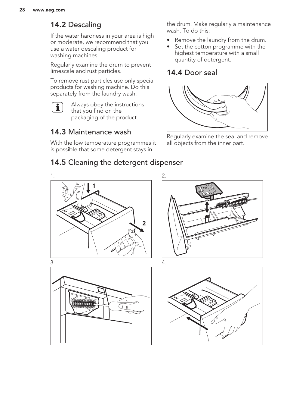 2 descaling, 3 maintenance wash, 4 door seal | 5 cleaning the detergent dispenser | AEG T65170AV User Manual | Page 28 / 48