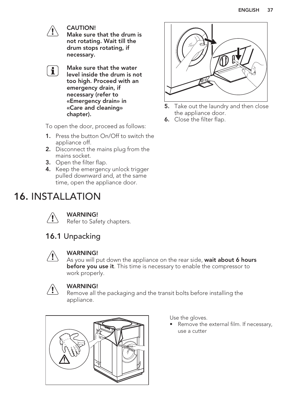 Installation, 1 unpacking | AEG T65170AV User Manual | Page 37 / 48