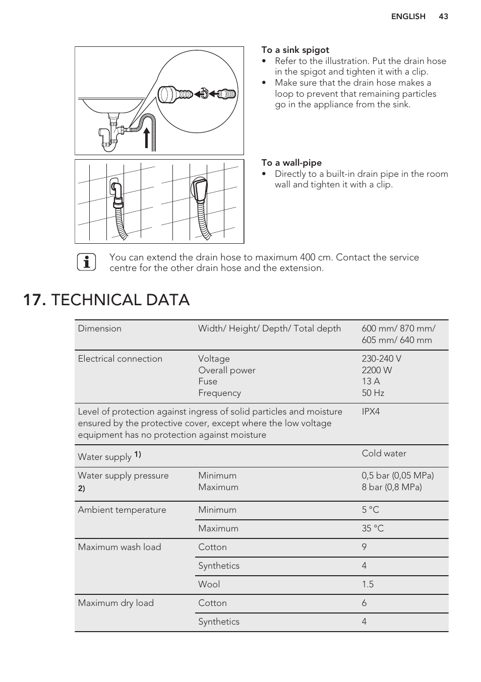 Technical data | AEG T65170AV User Manual | Page 43 / 48