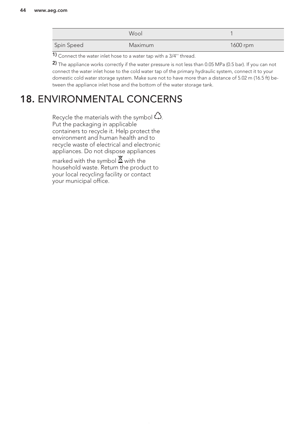 Environmental concerns | AEG T65170AV User Manual | Page 44 / 48