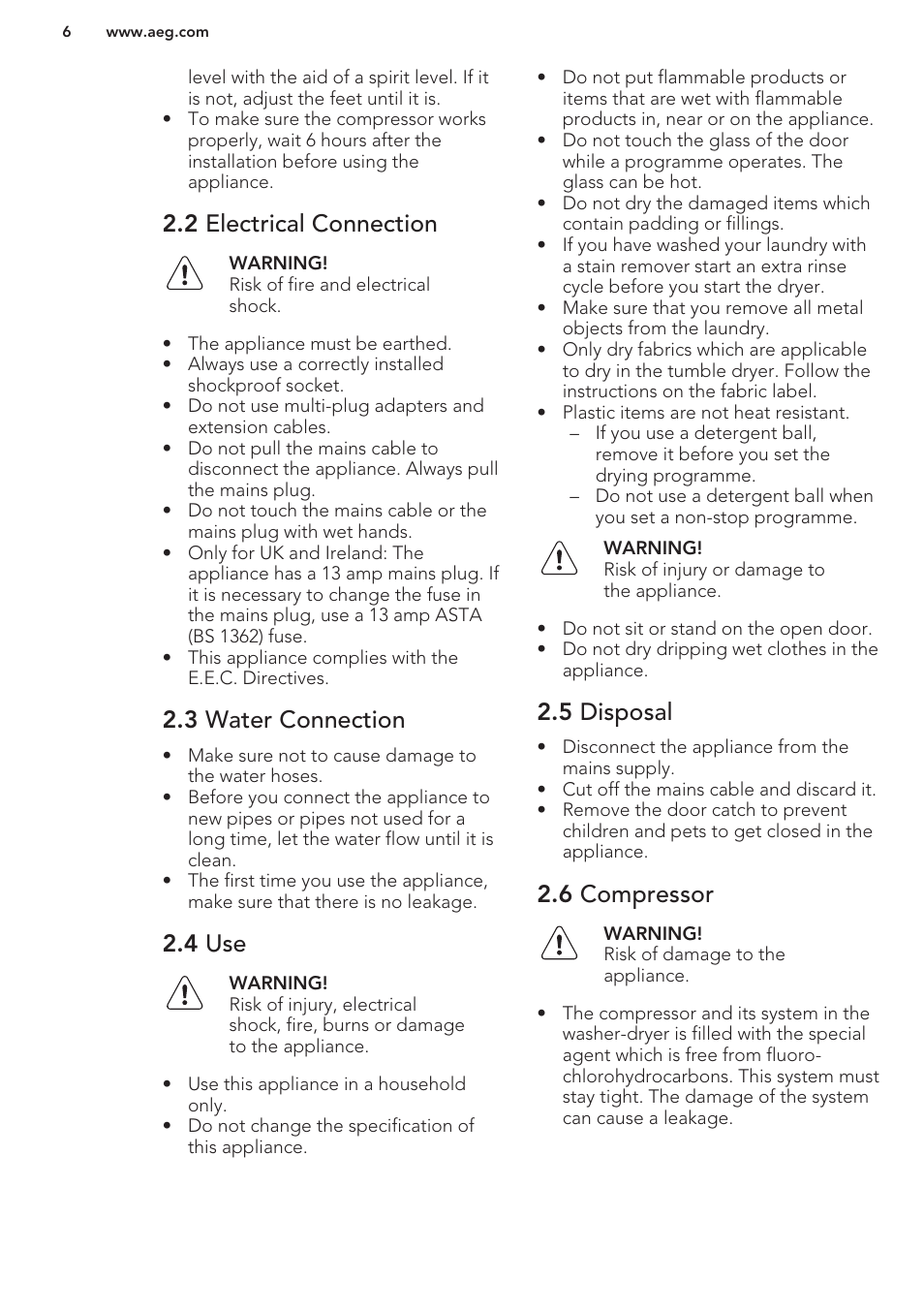 2 electrical connection, 3 water connection, 4 use | 5 disposal, 6 compressor | AEG T65170AV User Manual | Page 6 / 48