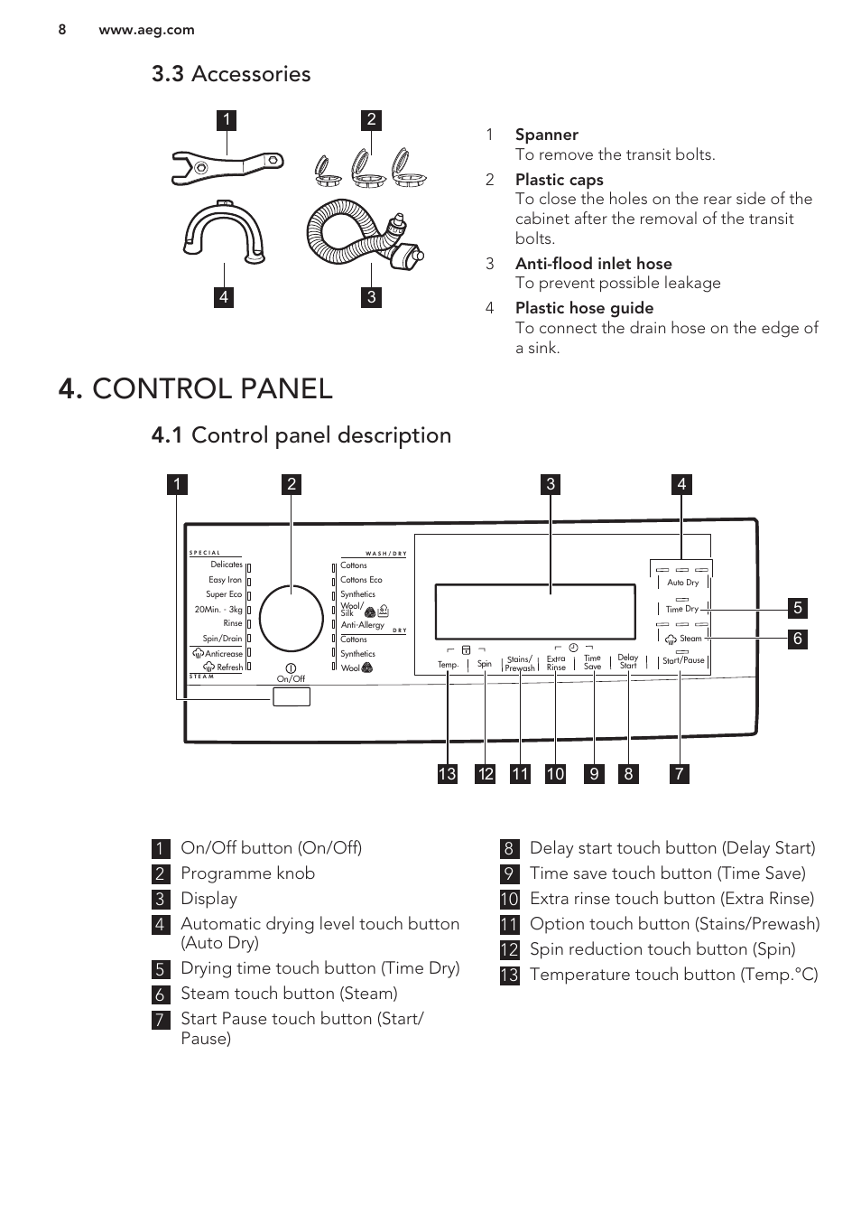 3 accessories, Control panel, 1 control panel description | AEG T65170AV User Manual | Page 8 / 48
