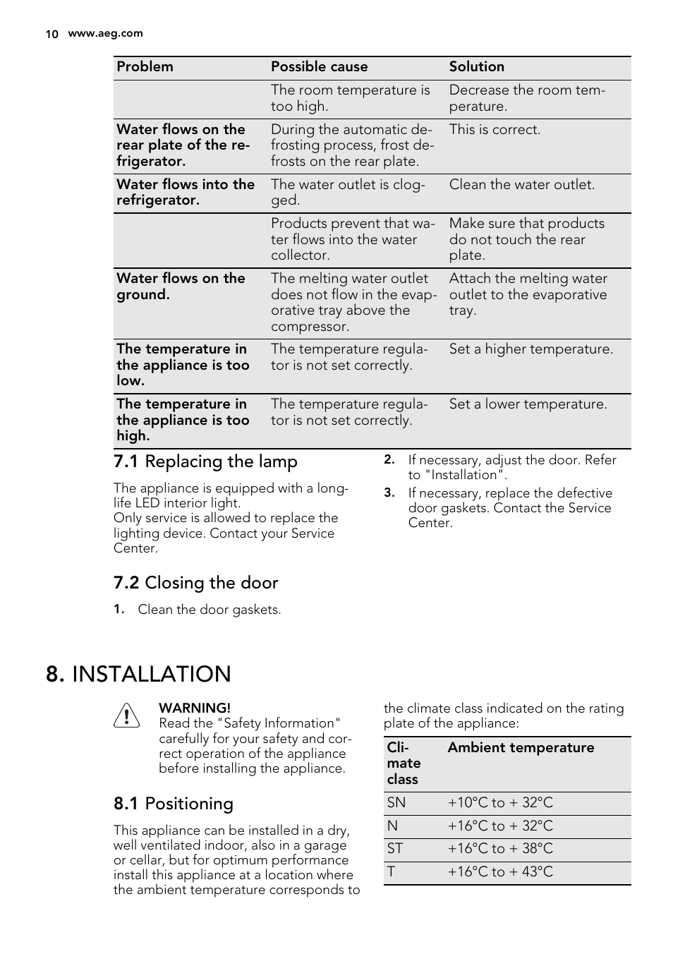 Installation, 1 replacing the lamp, 2 closing the door | 1 positioning | AEG SKS78840F0 User Manual | Page 10 / 16