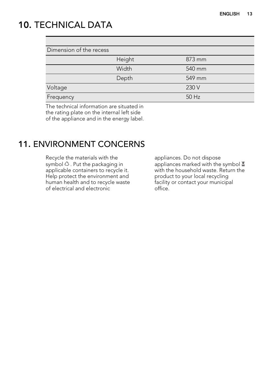 Technical data, Environment concerns | AEG SKS78840F0 User Manual | Page 13 / 16