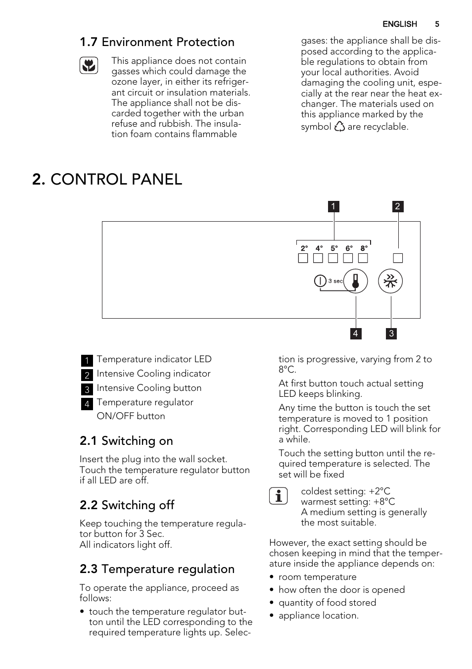 Control panel, 7 environment protection, 1 switching on | 2 switching off, 3 temperature regulation | AEG SKS78840F0 User Manual | Page 5 / 16