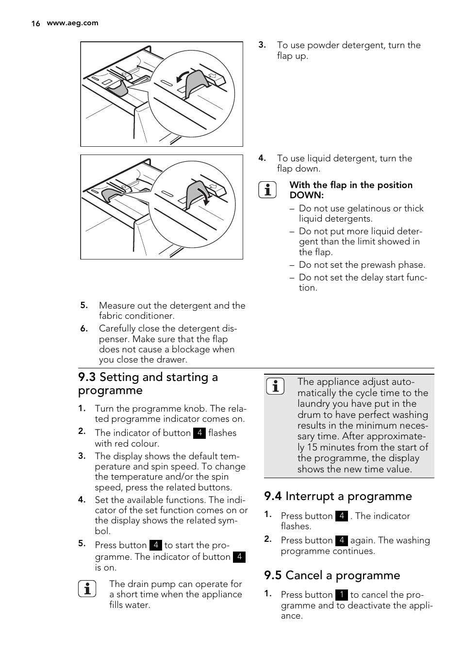 3 setting and starting a programme, 4 interrupt a programme, 5 cancel a programme | AEG L76285FL User Manual | Page 16 / 36