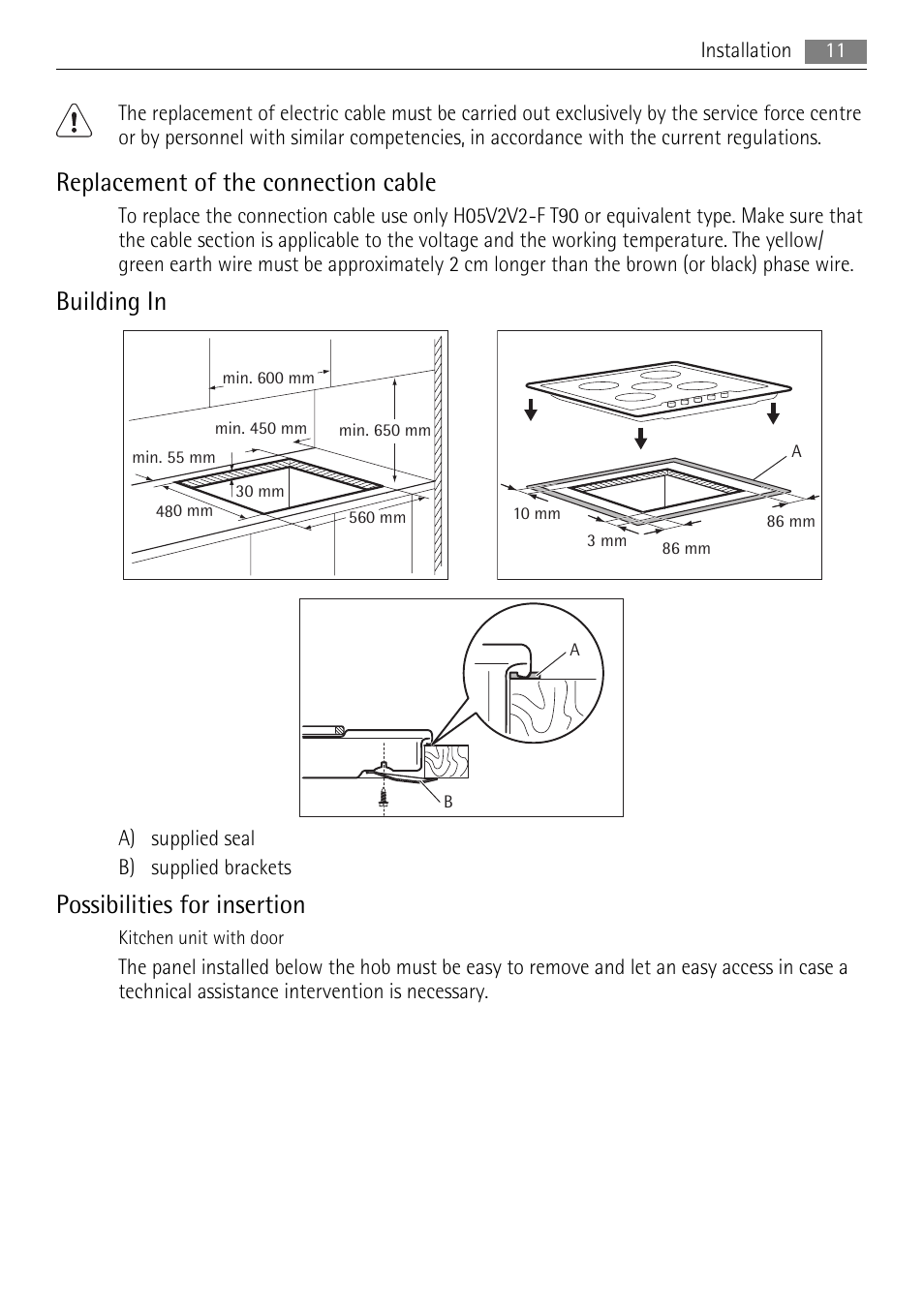 Replacement of the connection cable, Building in, Possibilities for insertion | AEG HG755520UM User Manual | Page 11 / 24