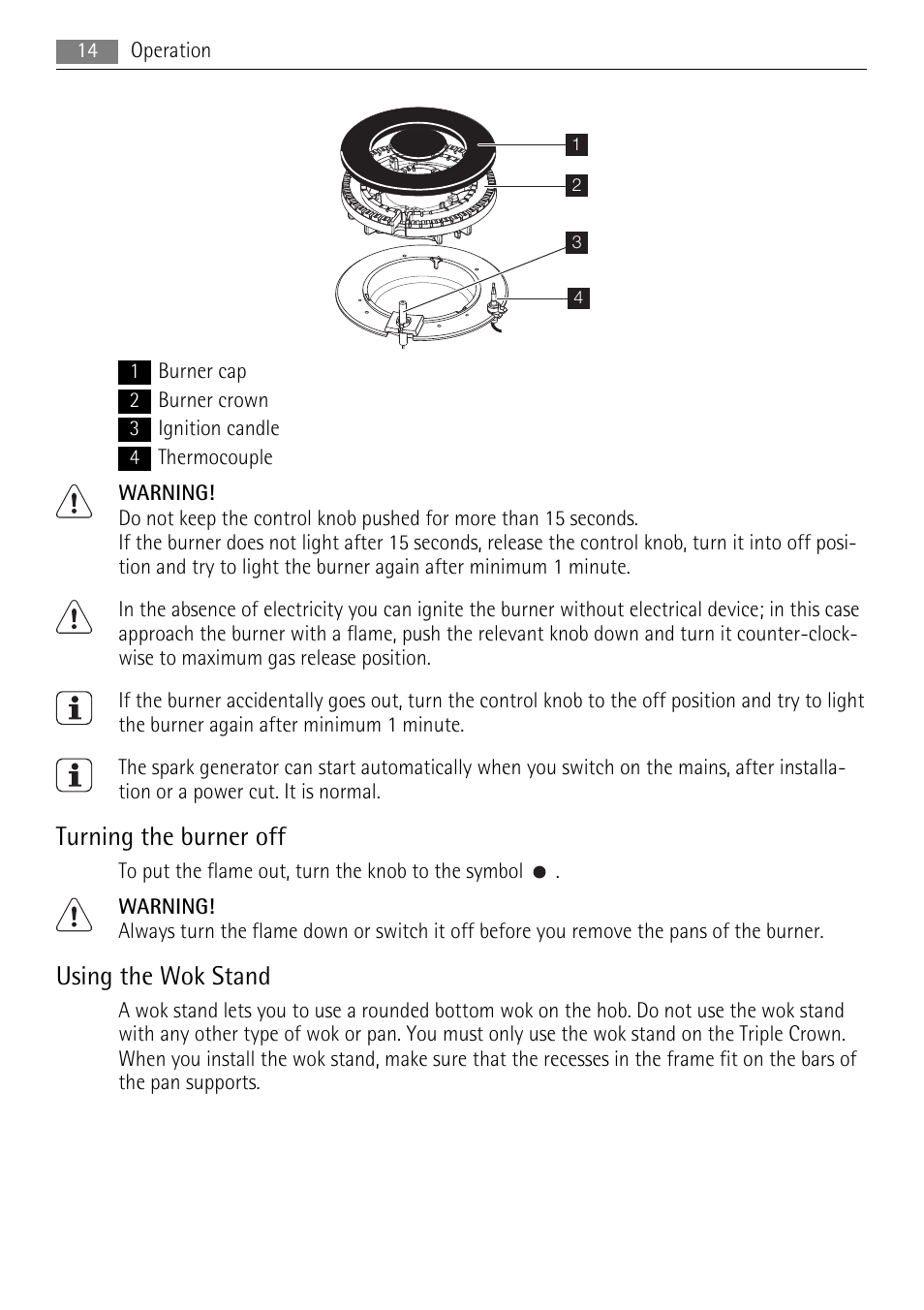Turning the burner off, Using the wok stand | AEG HG755520UM User Manual | Page 14 / 24