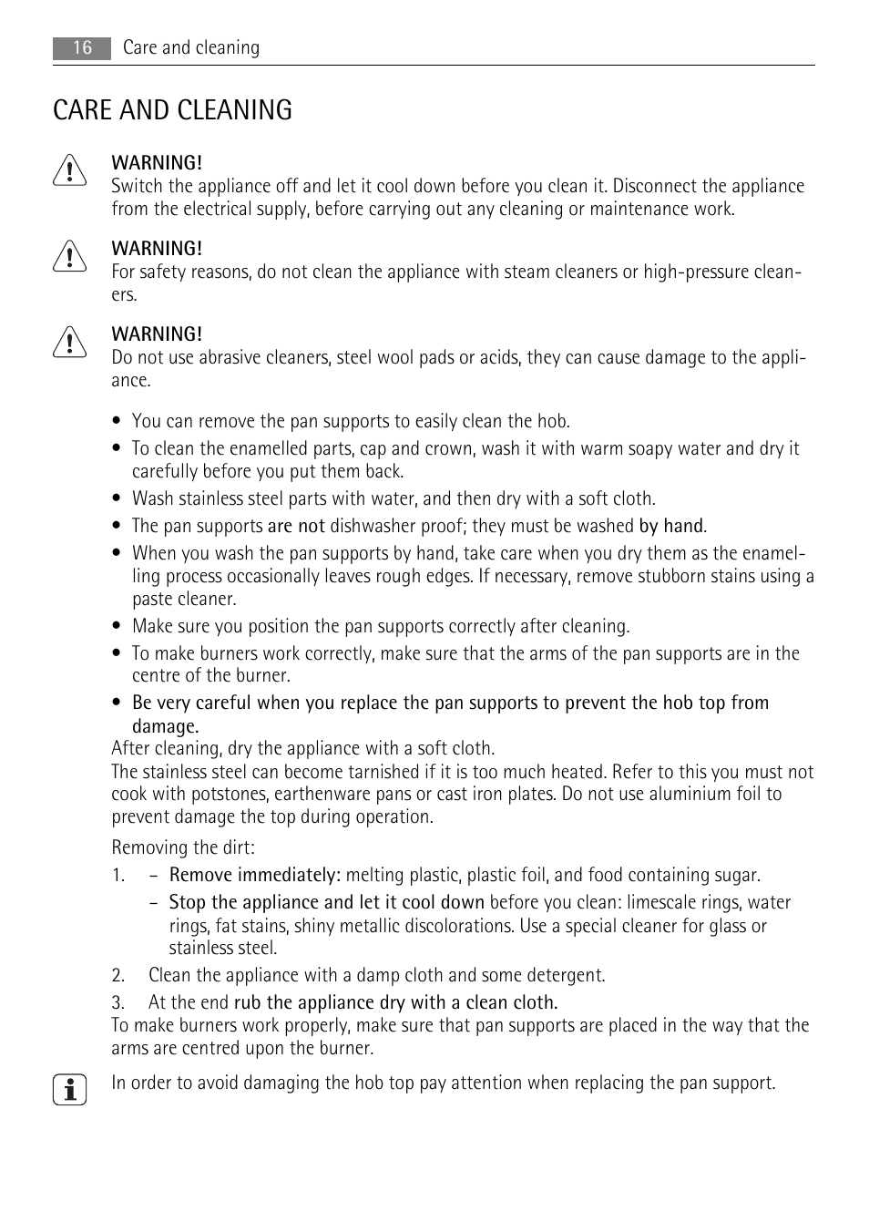 Care and cleaning | AEG HG755520UM User Manual | Page 16 / 24