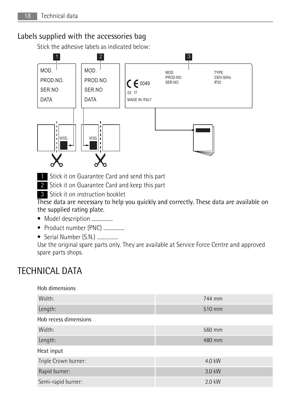 Technical data, Labels supplied with the accessories bag | AEG HG755520UM User Manual | Page 18 / 24