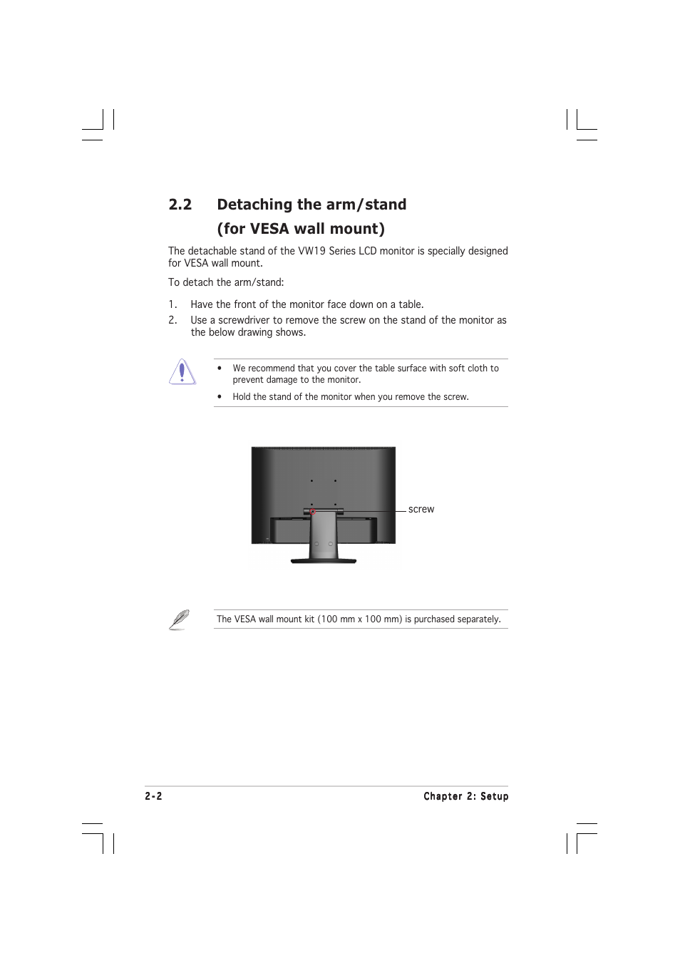 2 detaching the arm/stand (for vesa wall mount) | Asus VW191D User Manual | Page 11 / 16