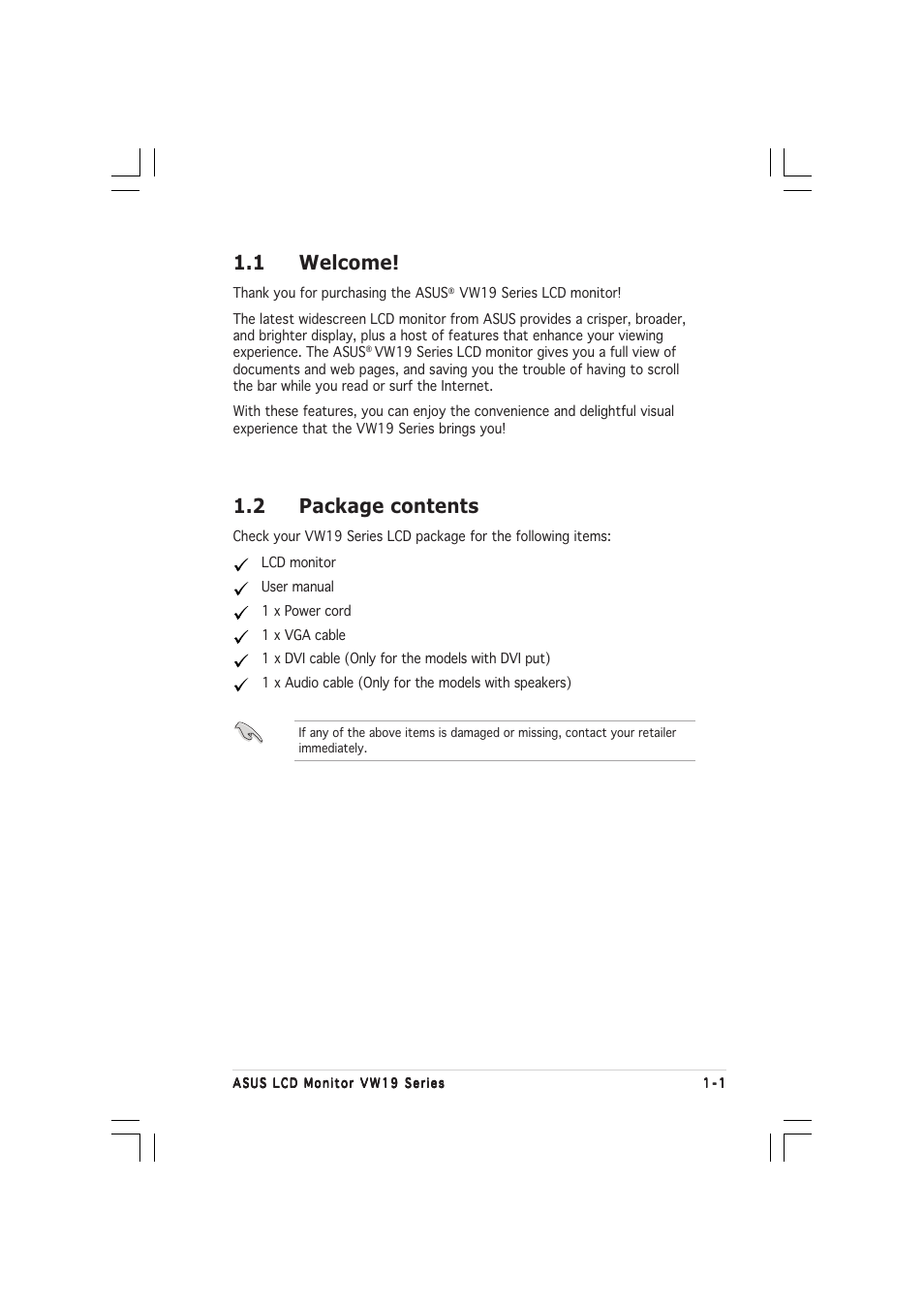 1 welcome, 2 package contents | Asus VW191D User Manual | Page 7 / 16