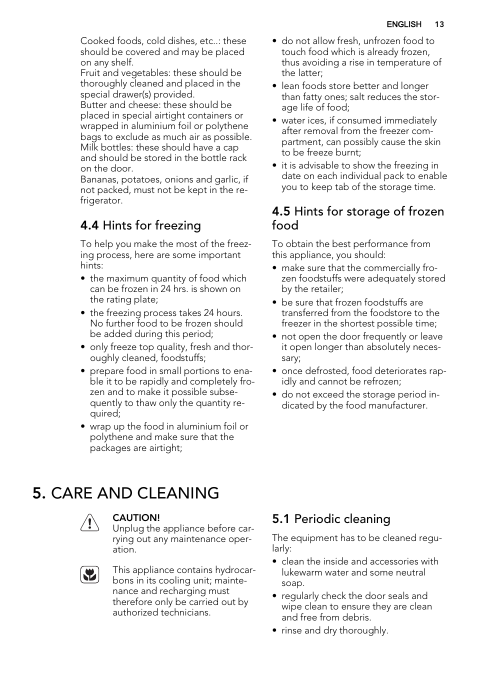 Care and cleaning, 4 hints for freezing, 5 hints for storage of frozen food | 1 periodic cleaning | AEG SCN71800S1 User Manual | Page 13 / 24