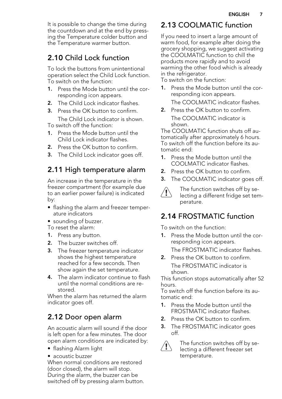 10 child lock function, 11 high temperature alarm, 12 door open alarm | 13 coolmatic function, 14 frostmatic function | AEG SCN71800S1 User Manual | Page 7 / 24