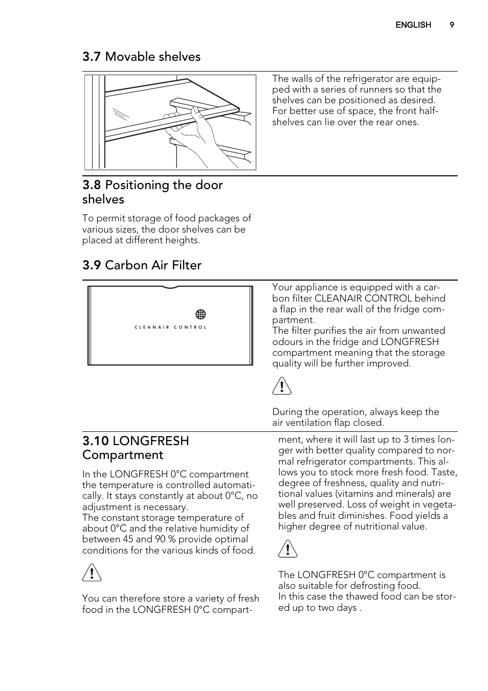 7 movable shelves, 8 positioning the door shelves, 9 carbon air filter | 10 longfresh compartment | AEG SCN71800S1 User Manual | Page 9 / 24