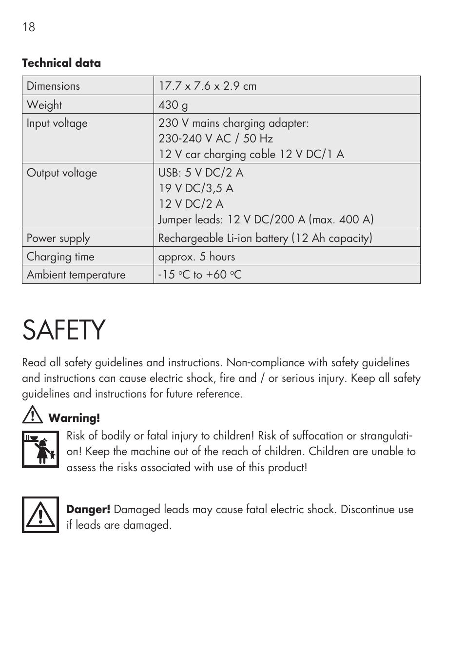 Safety | AEG Multi-Powerpack ML 12 User Manual | Page 18 / 76