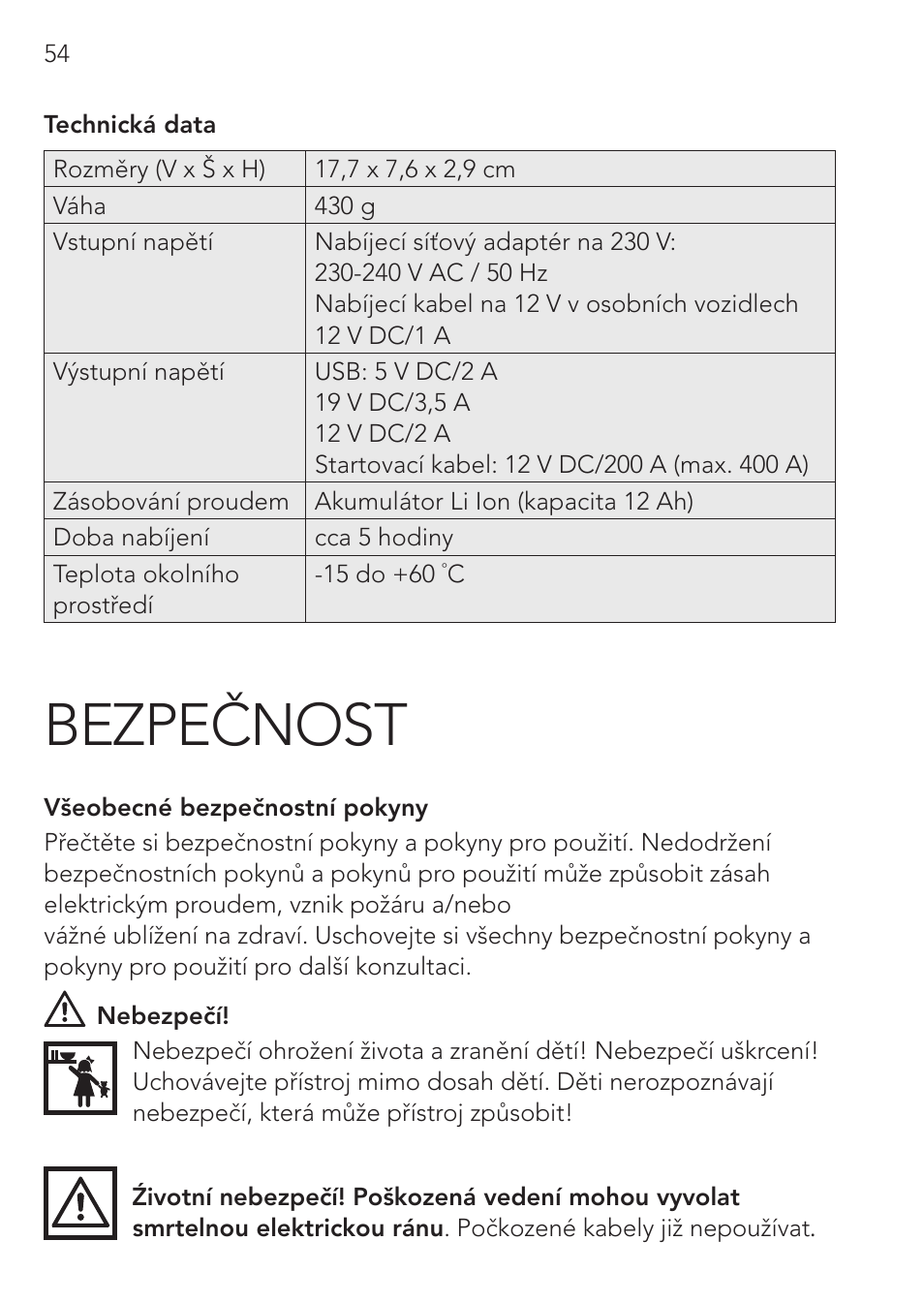 Bezpečnost | AEG Multi-Powerpack ML 12 User Manual | Page 54 / 76