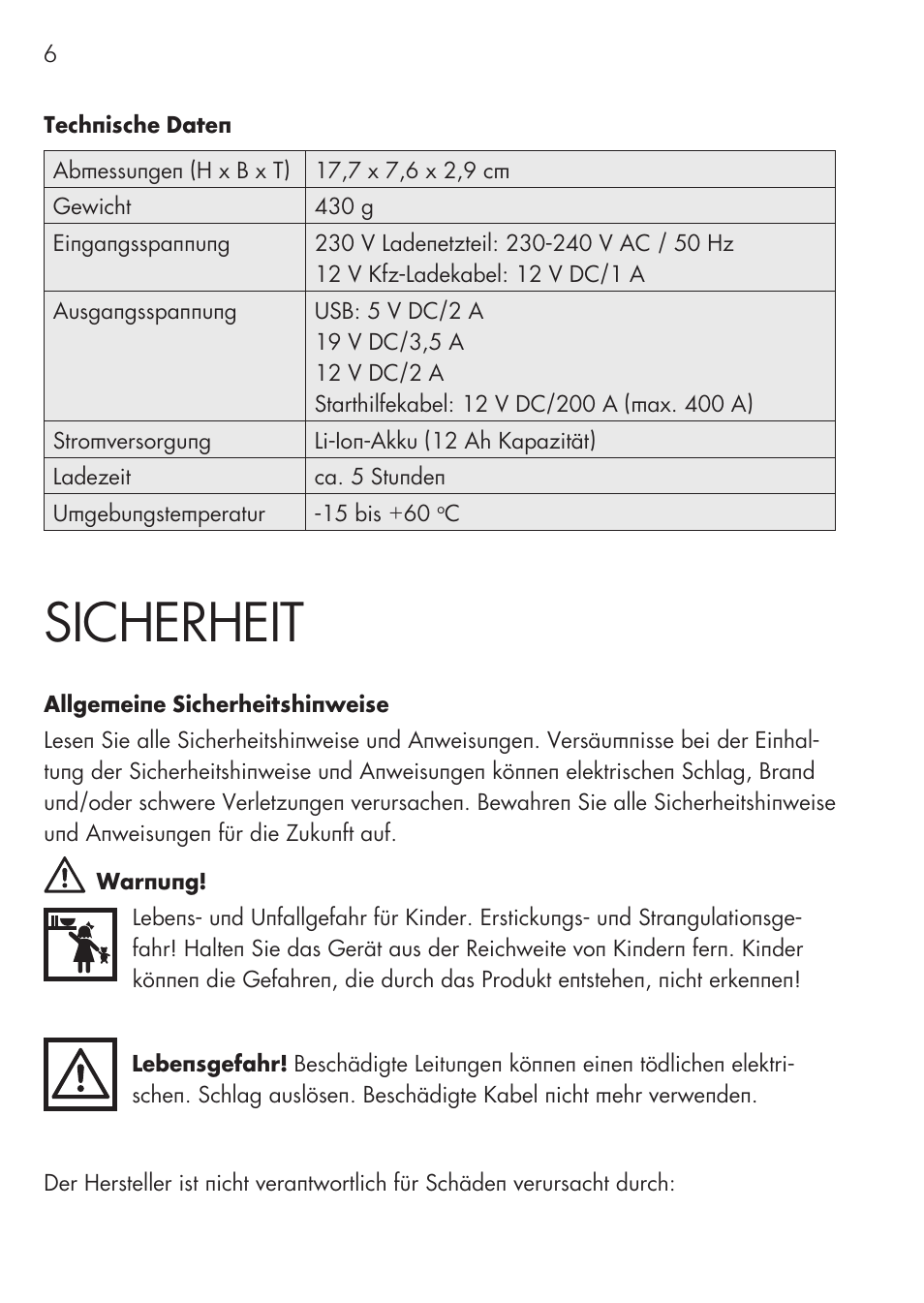 Sicherheit | AEG Multi-Powerpack ML 12 User Manual | Page 6 / 76