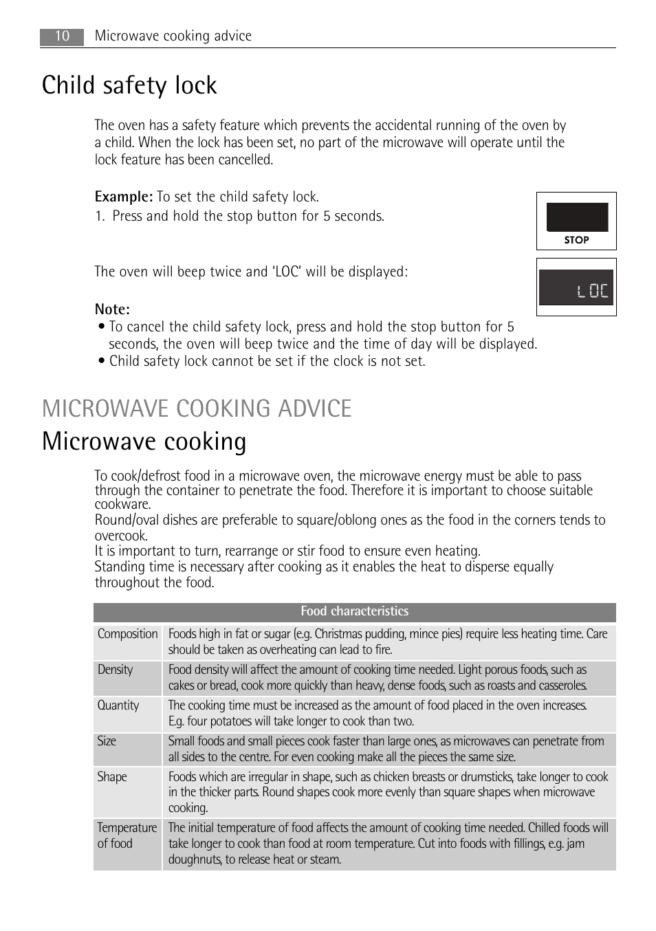 Child safety lock, Microwave cooking, Microwave cooking advice | AEG MC1753E-M User Manual | Page 10 / 40