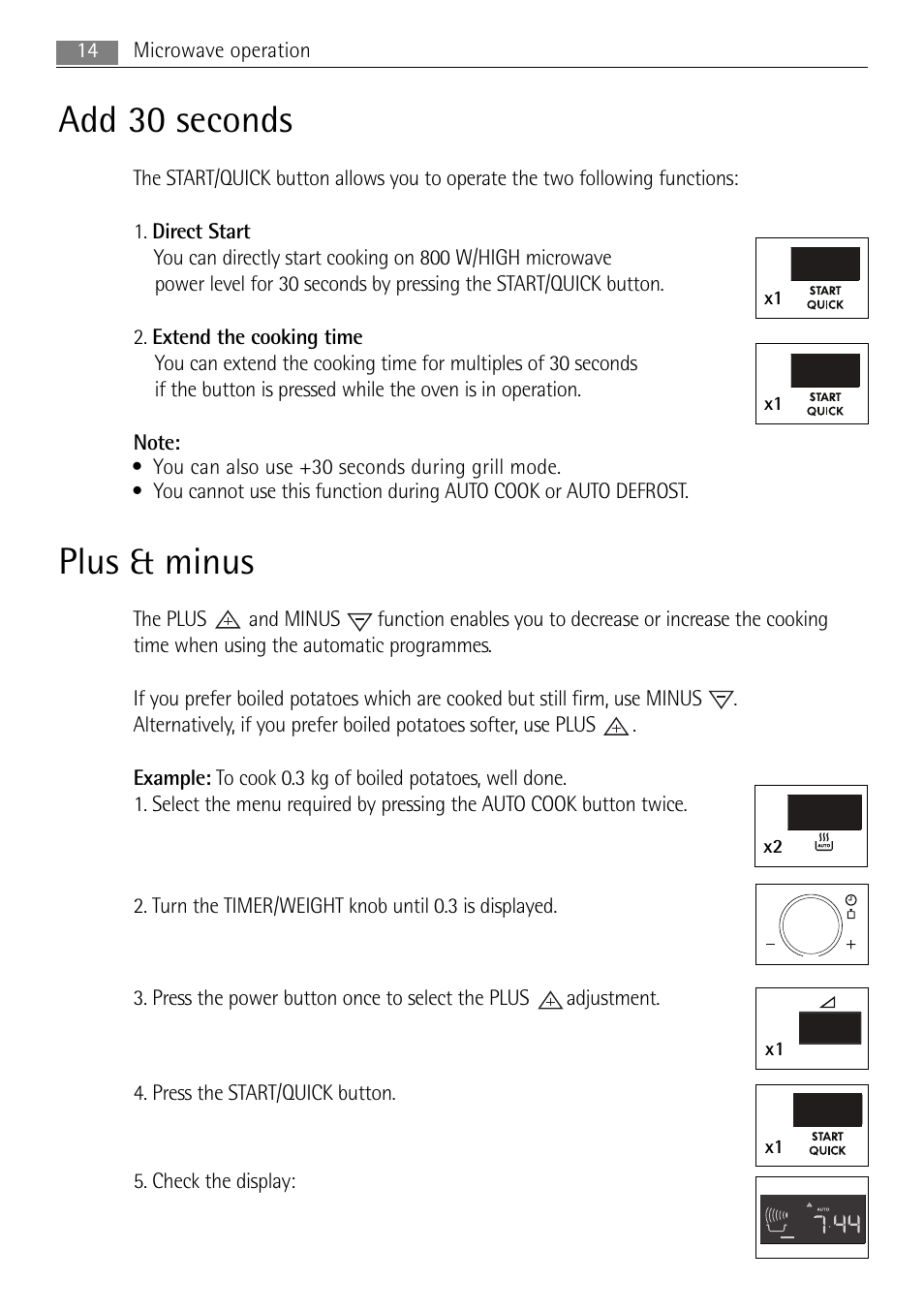 Add 30 seconds, Plus & minus | AEG MC1753E-M User Manual | Page 14 / 40