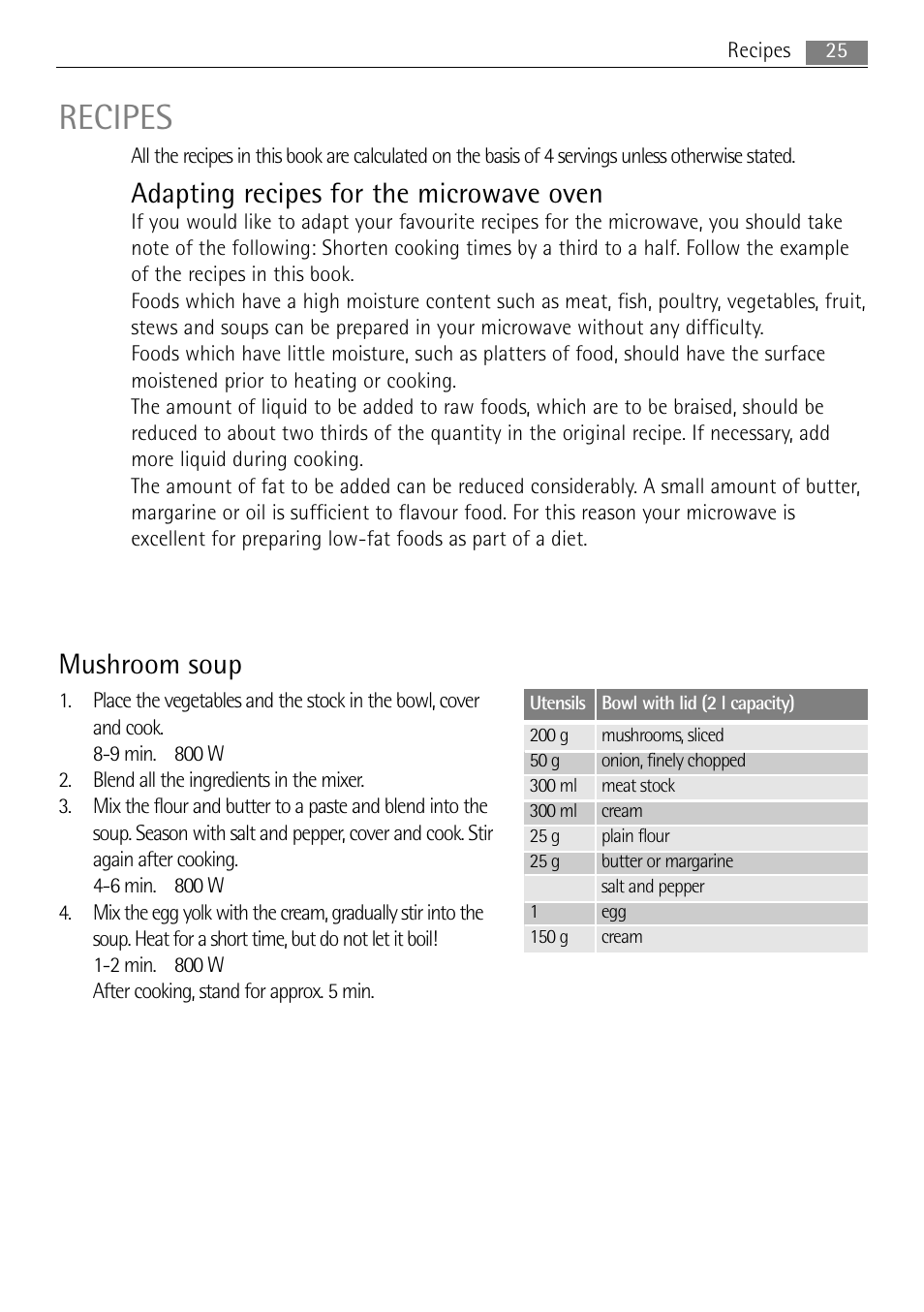 Recipes, Adapting recipes for the microwave oven, Mushroom soup | AEG MC1753E-M User Manual | Page 25 / 40