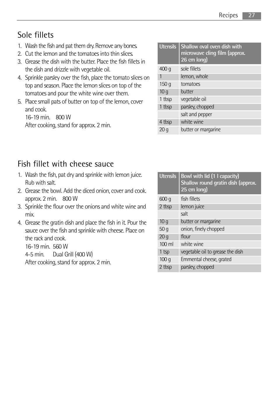 Sole fillets, Fish fillet with cheese sauce | AEG MC1753E-M User Manual | Page 27 / 40
