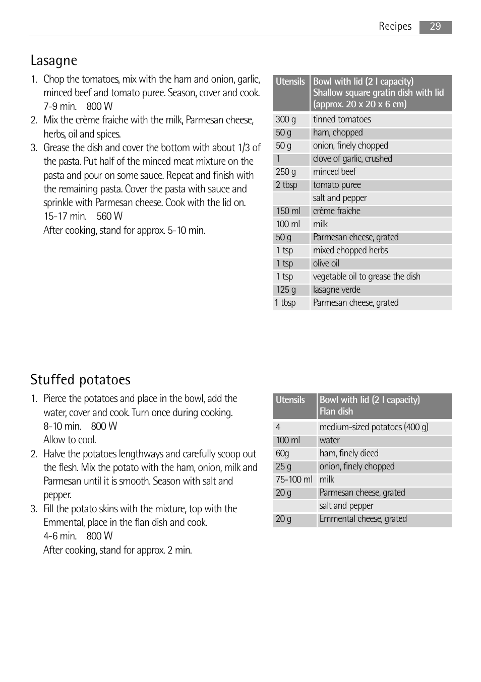 Stuffed potatoes, Lasagne | AEG MC1753E-M User Manual | Page 29 / 40