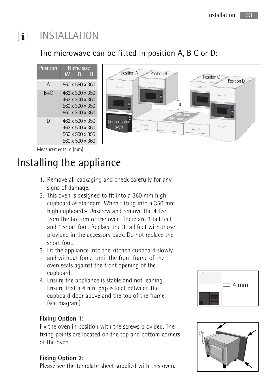 Installing the appliance, Installation | AEG MC1753E-M User Manual | Page 33 / 40