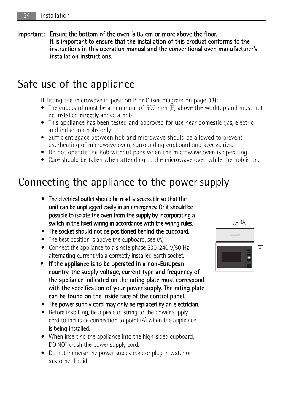 Safe use of the appliance, Connecting the appliance to the power supply | AEG MC1753E-M User Manual | Page 34 / 40