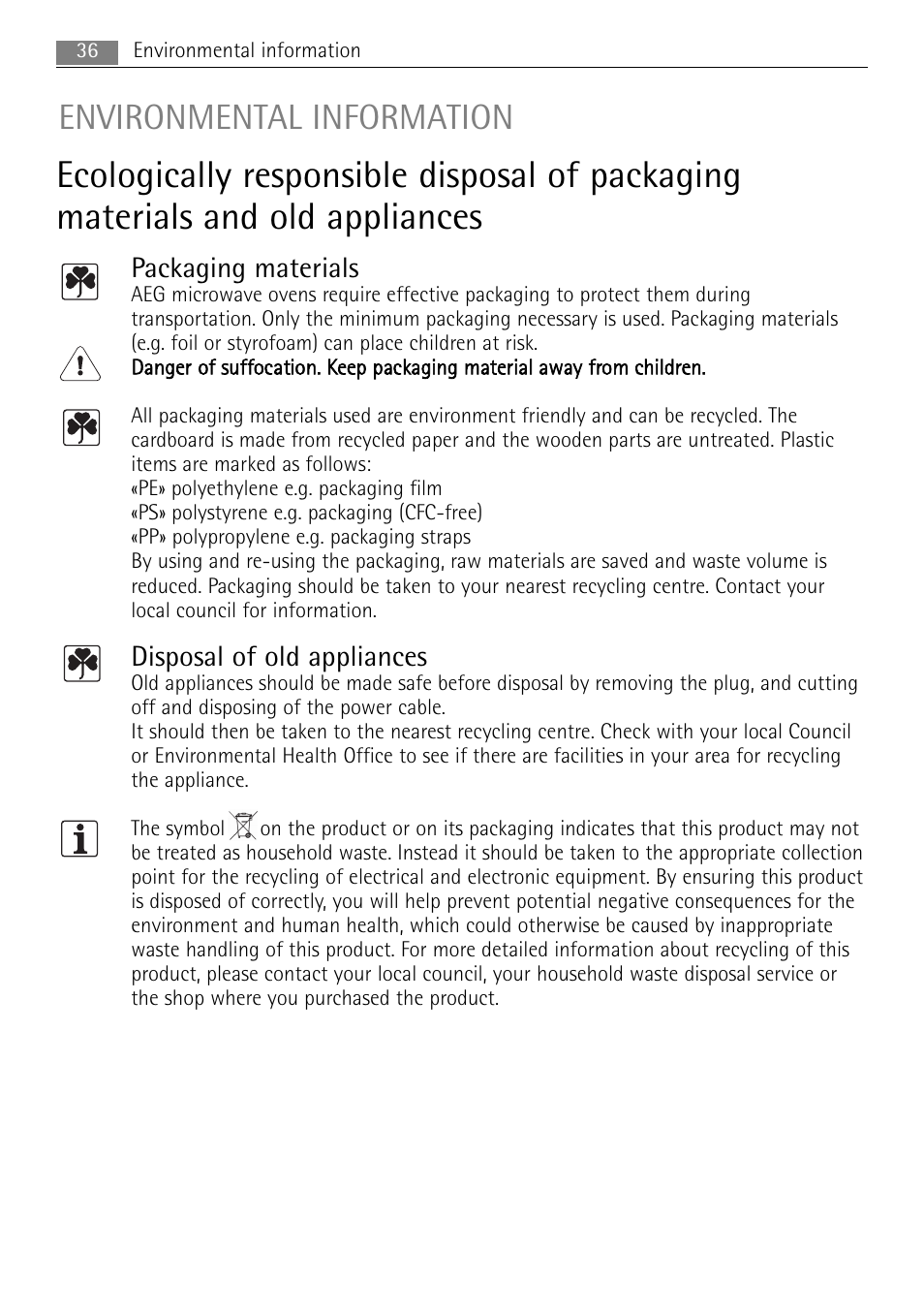 Environmental information, Packaging materials, Disposal of old appliances | AEG MC1753E-M User Manual | Page 36 / 40