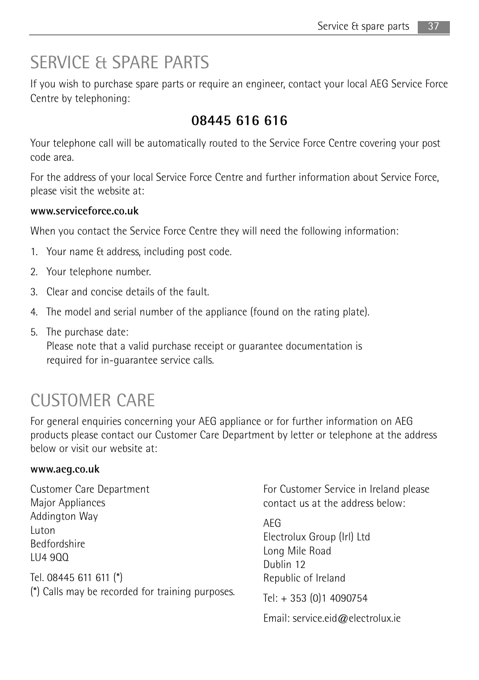 Service & spare parts, Customer care | AEG MC1753E-M User Manual | Page 37 / 40