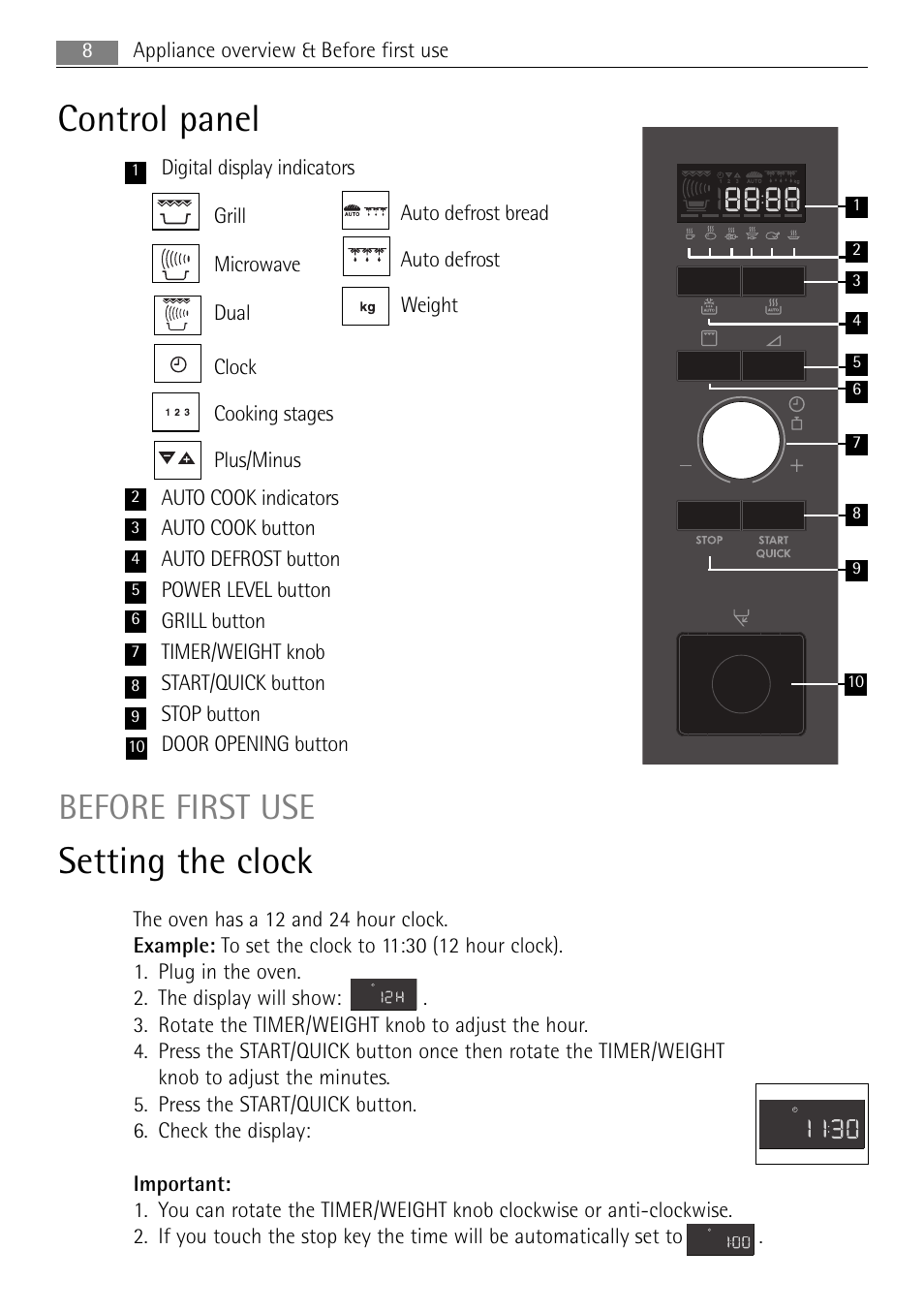Control panel, Setting the clock, Before first use | 8appliance overview & before first use | AEG MC1753E-M User Manual | Page 8 / 40