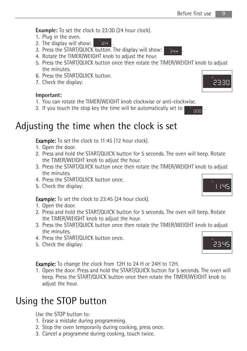Adjusting the time when the clock is set, Using the stop button | AEG MC1753E-M User Manual | Page 9 / 40