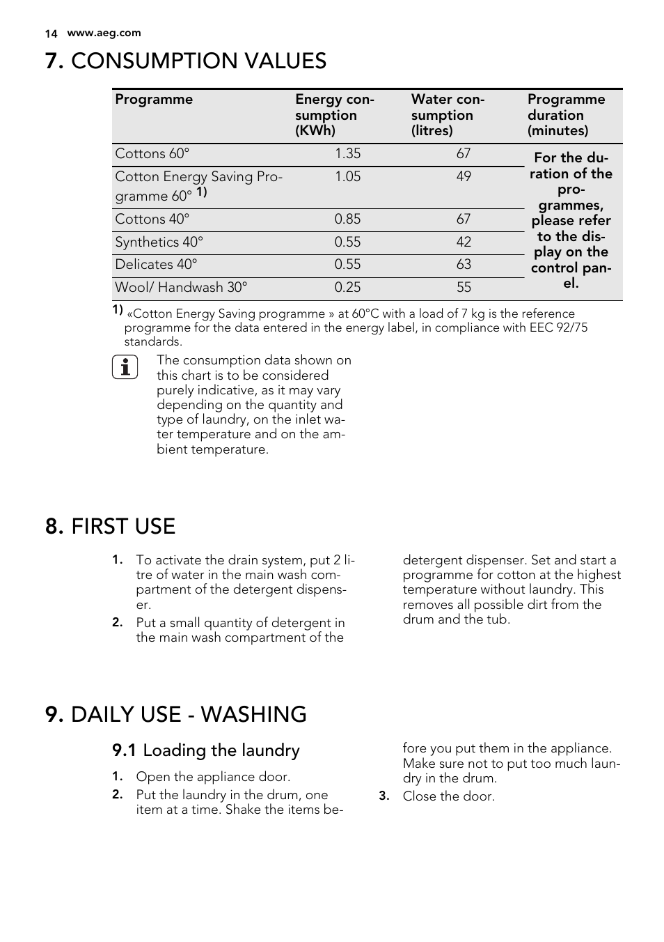 Consumption values, First use, Daily use - washing | 1 loading the laundry | AEG L75480WD User Manual | Page 14 / 40
