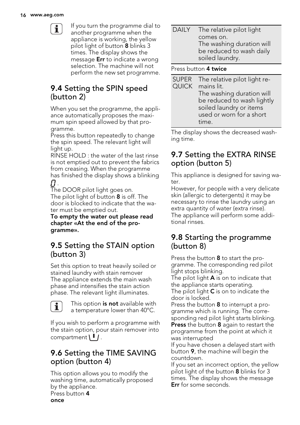 4 setting the spin speed (button 2), 5 setting the stain option (button 3), 6 setting the time saving option (button 4) | 7 setting the extra rinse option (button 5), 8 starting the programme (button 8) | AEG L75480WD User Manual | Page 16 / 40