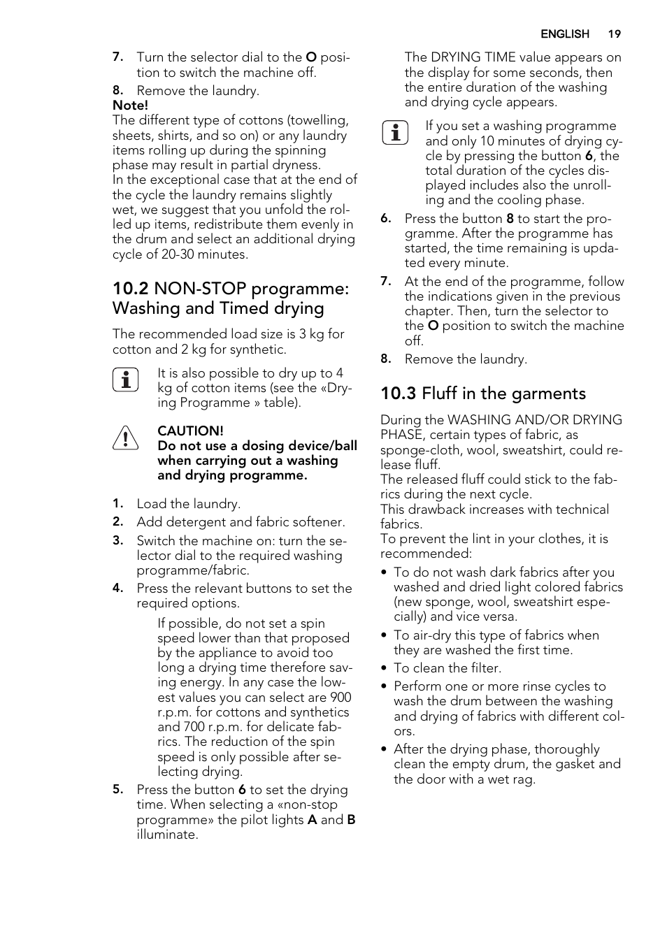 2 non-stop programme: washing and timed drying, 3 fluff in the garments | AEG L75480WD User Manual | Page 19 / 40